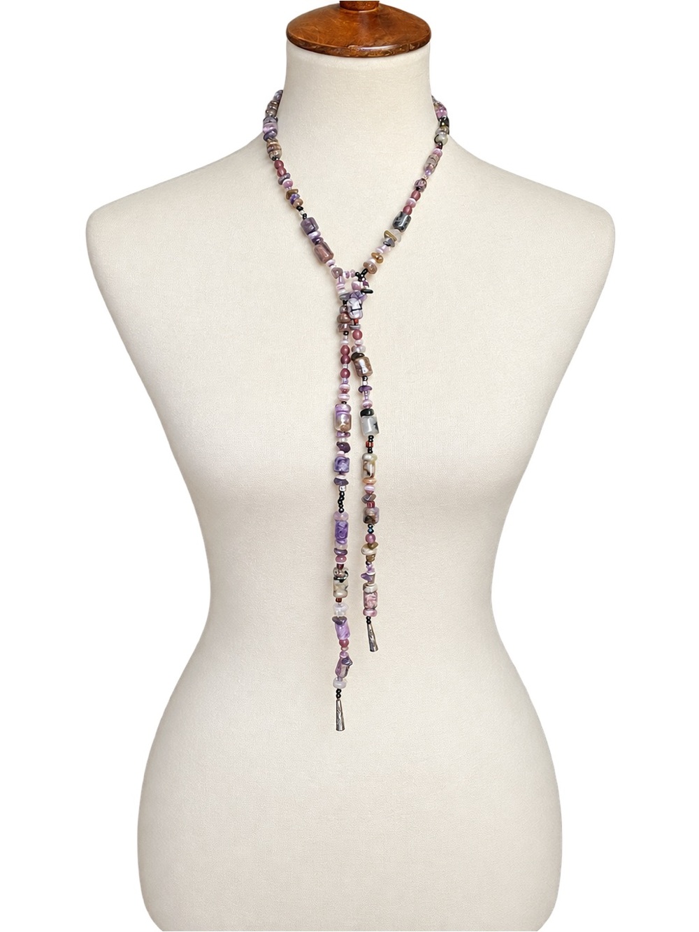 Artisan Amethyst Quartz Tourmaline Rubellite Beaded Lariat Necklace Boho